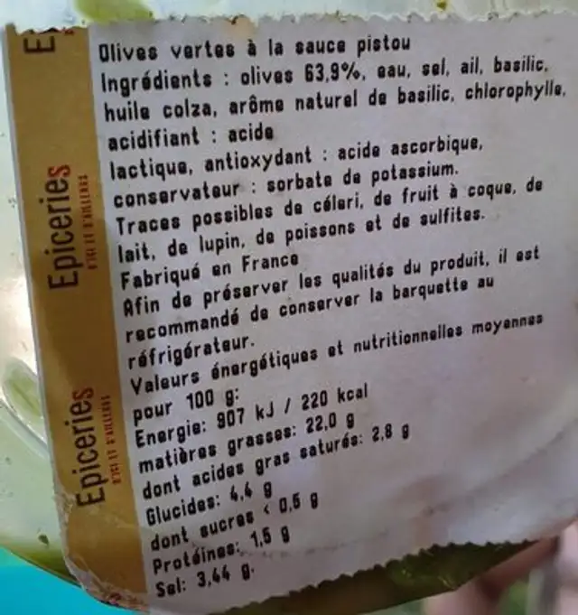 Olives sauce pistou nutrition facts table
