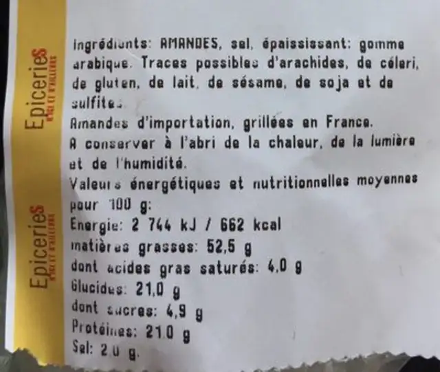 Amandes grilles a sec et salées nutrition facts table