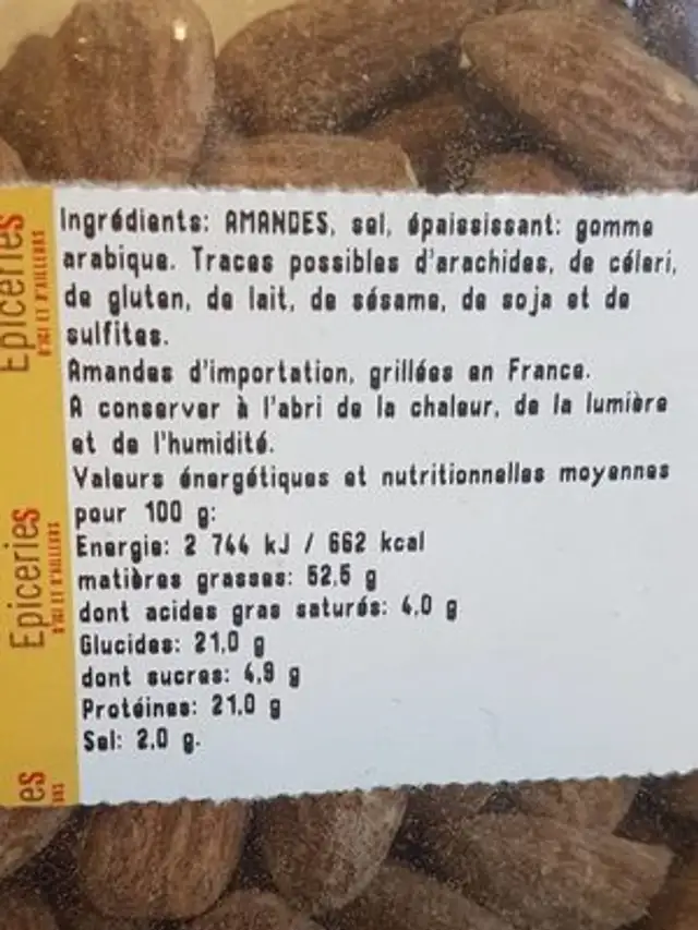 Amandes grillées et salées ingredients label