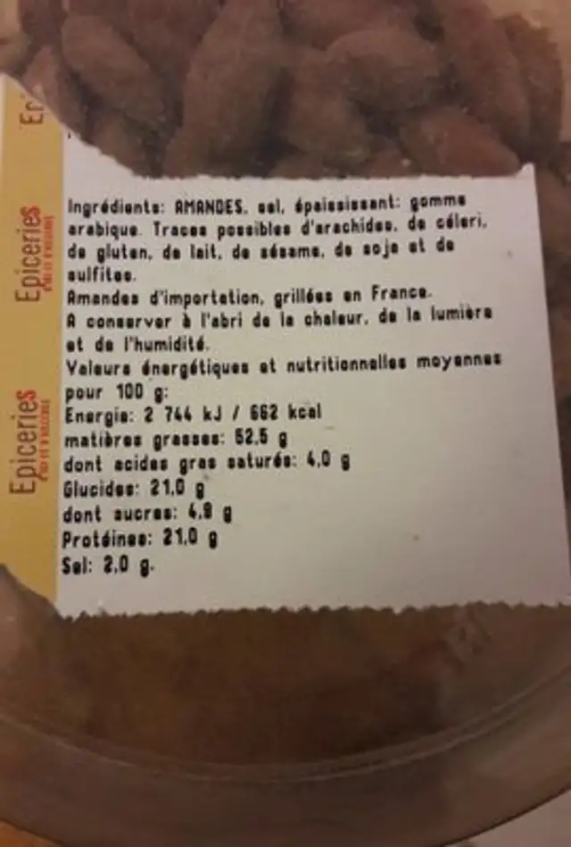 Amandes grillées à sec salées ingredients label
