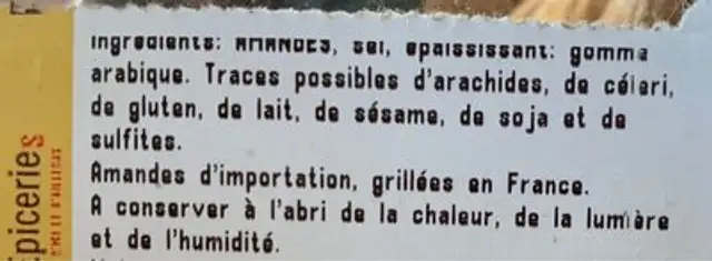 Amandes grillees a sec et salees ingredients label