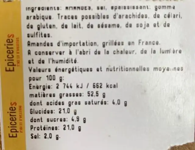 Amandes grillees a sec et salees nutrition facts table