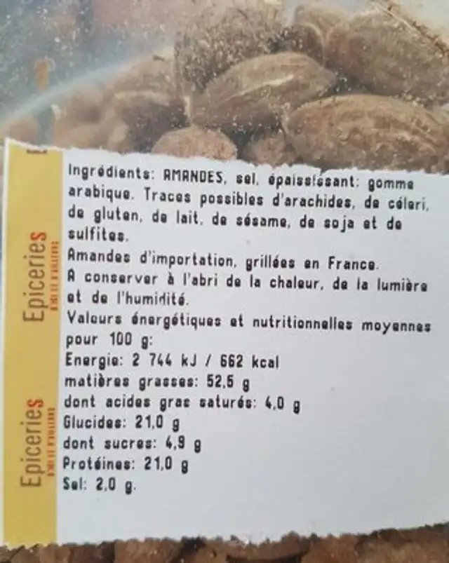 Amande grillées à sec et salée ingredients label