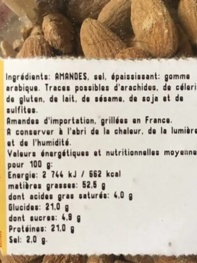 Amandes grillees a sec et salees ingredients label