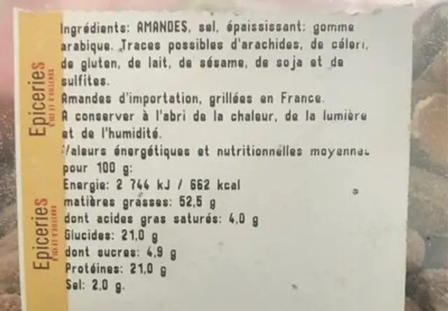 Amandes nutrition facts table