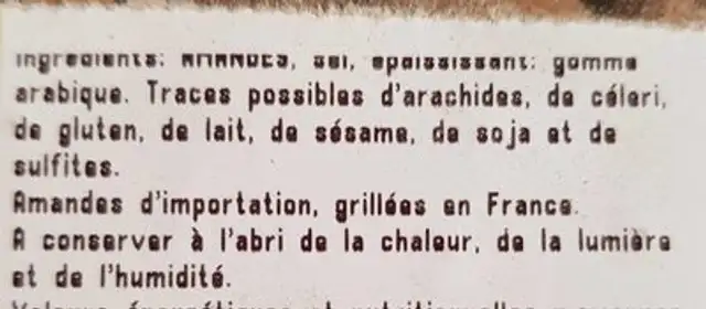 Amandes grillées à sec et salées ingredients label