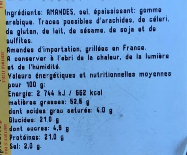 Amandes grillées à sec et salées nutrition facts table