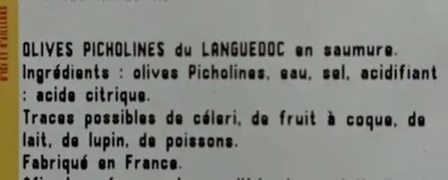 Olive Picholine ingredients label