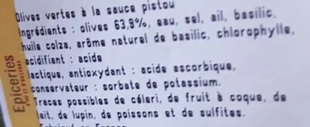 Olive sauce pistou ingredients label