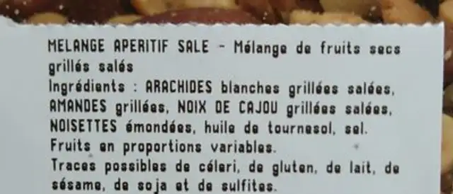 Mélanges de noix ingredients label