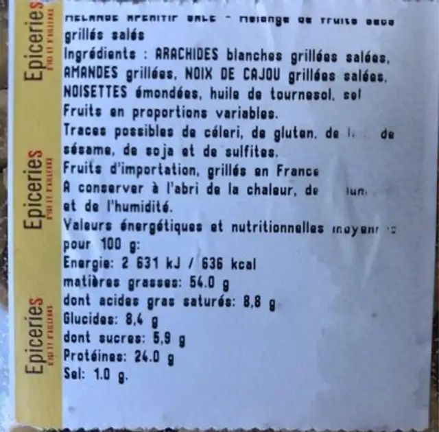 Melange aperitif salé nutrition facts table
