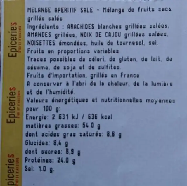 Melange apéritif salé ingredients label