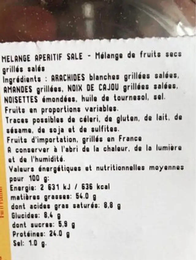 Melange aperitif salé ingredients label