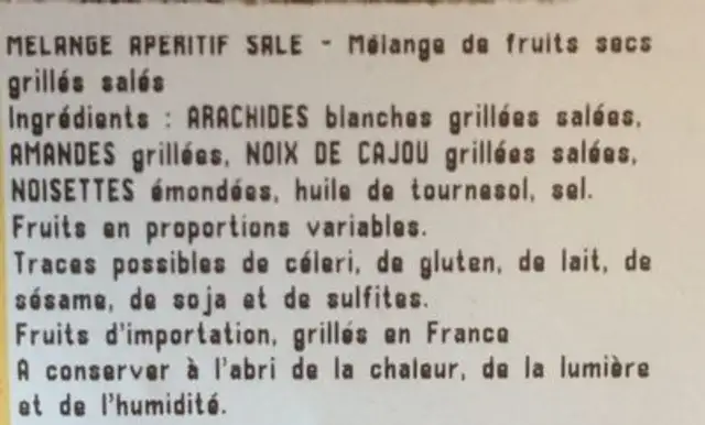 Mélange apéritif salé ingredients label
