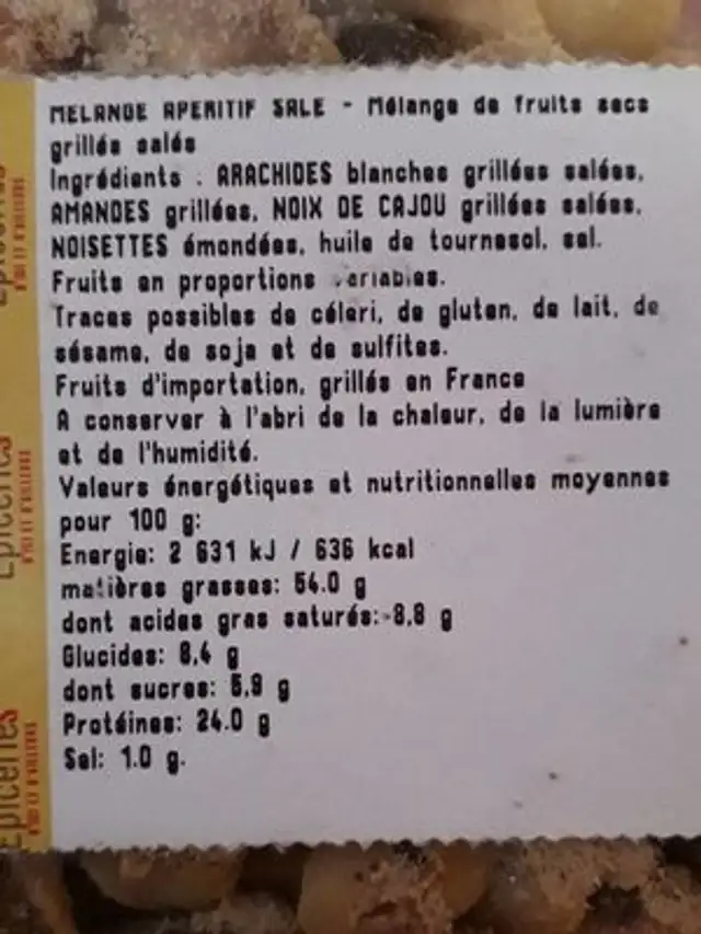 Melange aperitif sale ingredients label