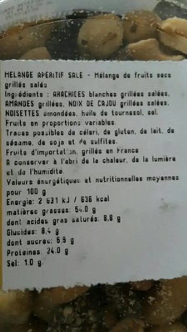Mélange apéritif ingredients label