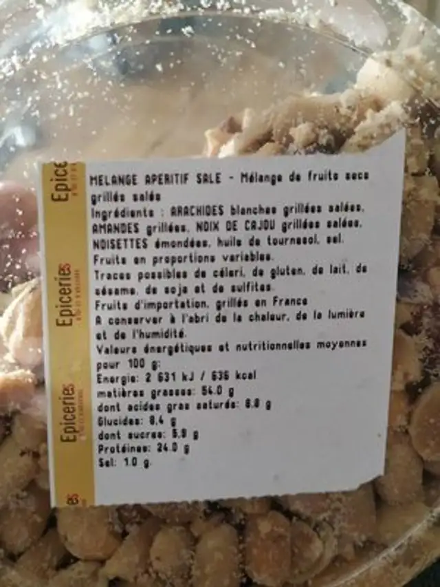 Mélange apéritif salé ingredients label