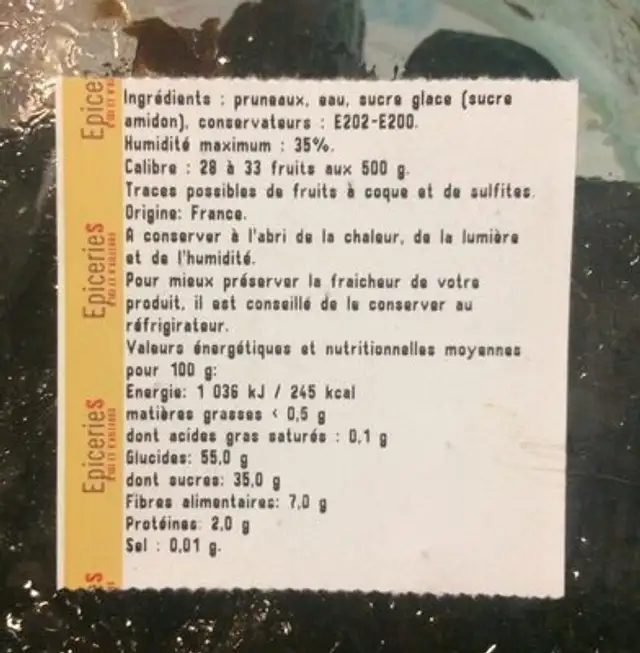 Pruneau ingredients label