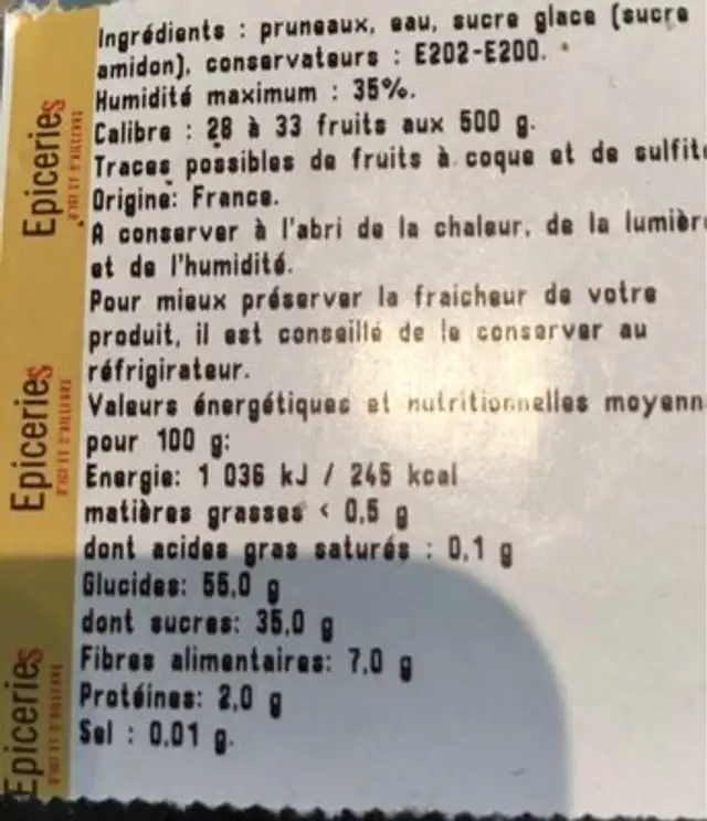 Pruneau ingredients label