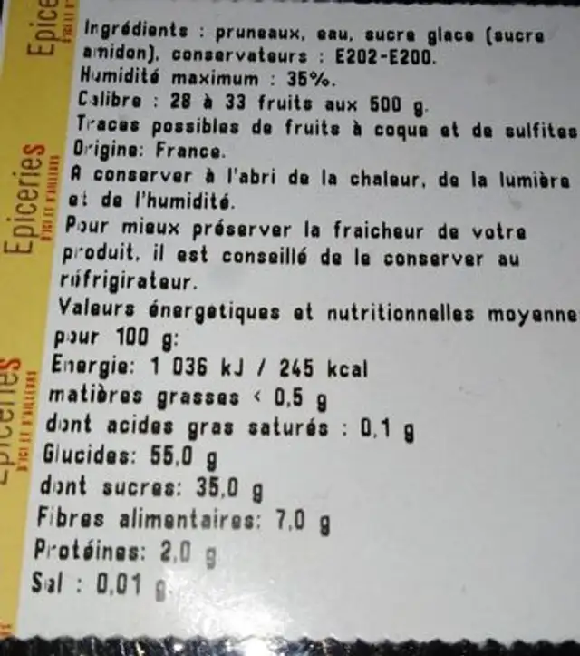Spécialité de pruneau ingredients label