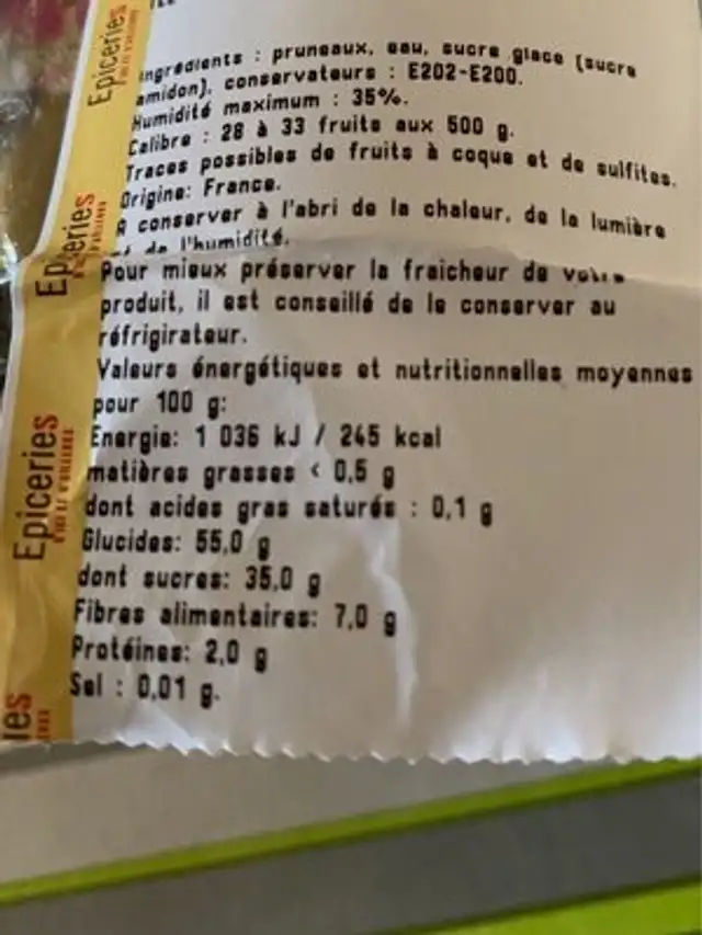 Specialite de pruneau nutrition facts table