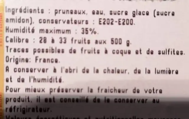 Spécialité de pruneau ingredients label