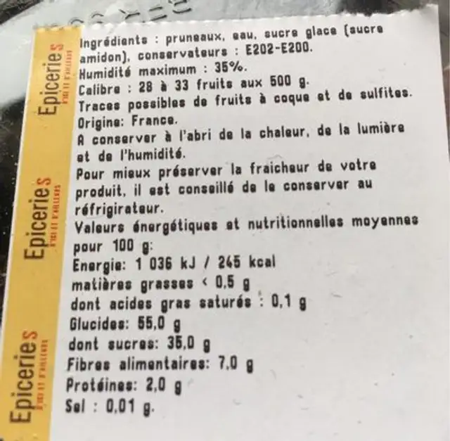 Pruneau ingredients label