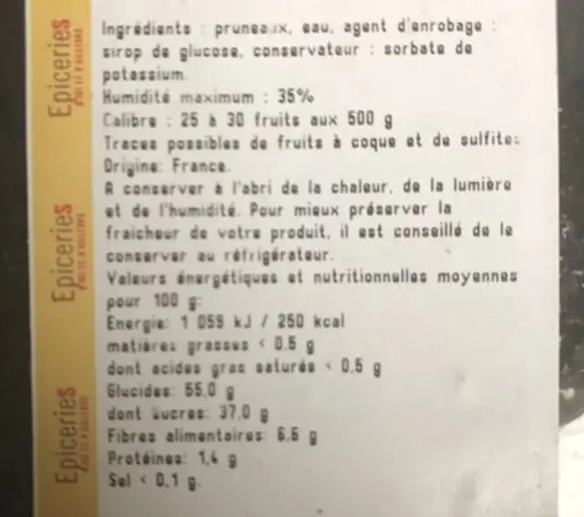 Specialité de Pruneau ingredients label