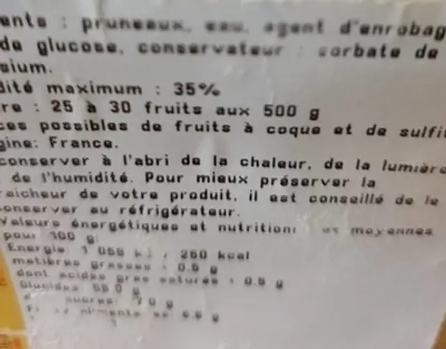 Pruneau ingredients label