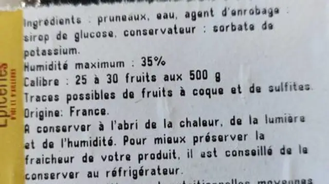 Spécialité de Pruneau ingredients label