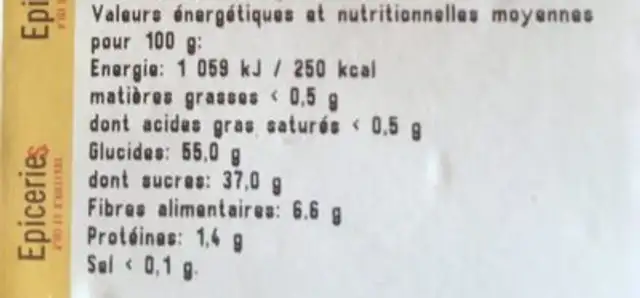 Pruneau nutrition facts table