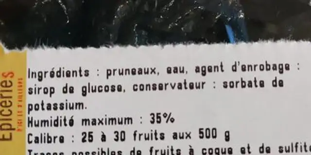 Pruneaux ingredients label