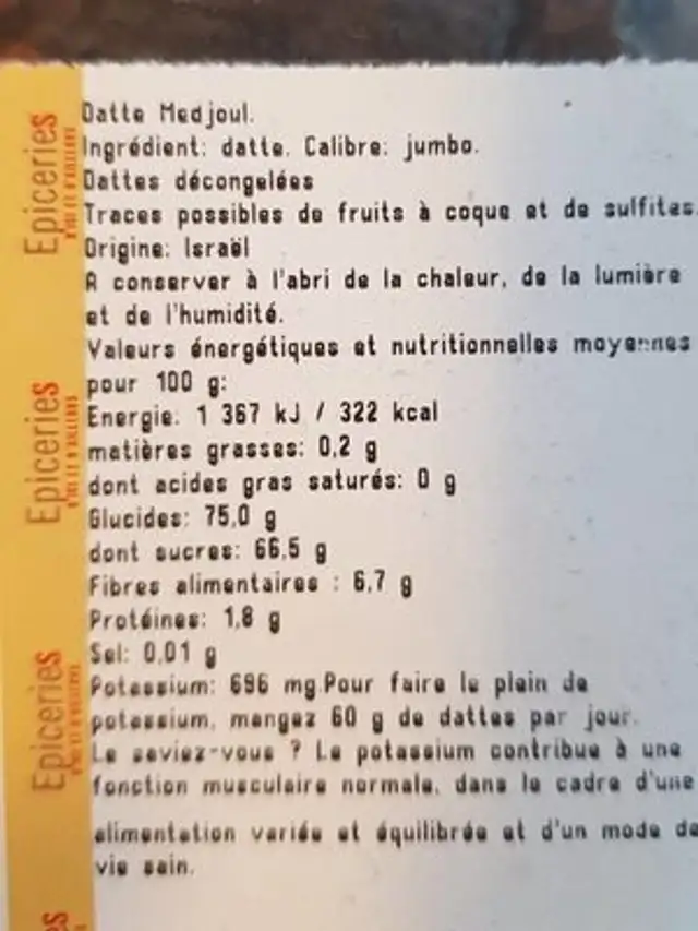 Datte madjoul nutrition facts table