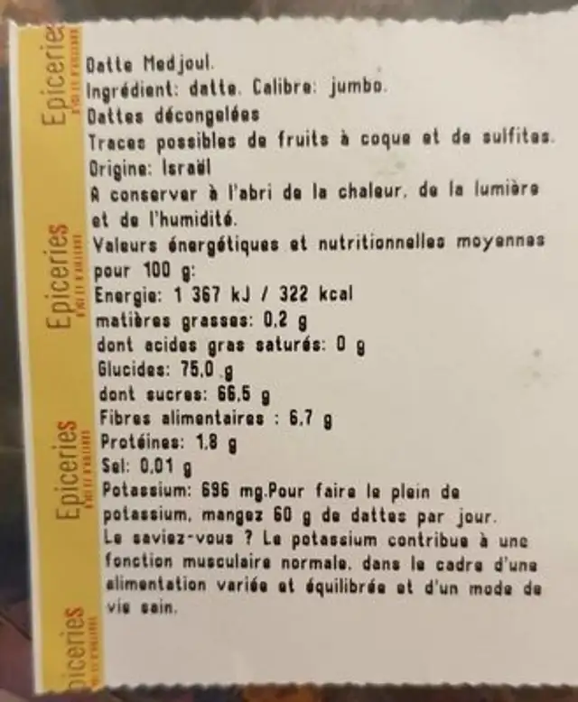 Datte medjoul ingredients label
