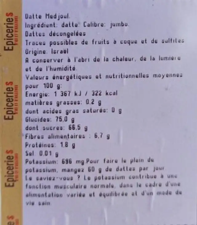 Datte medjoul nutrition facts table