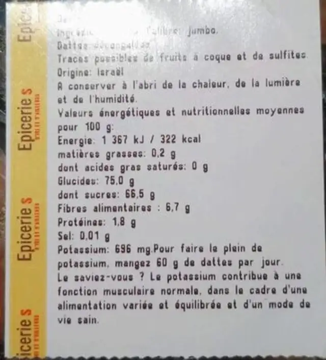 Dattes nutrition facts table