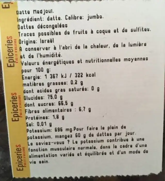 Datte medjoul ingredients label