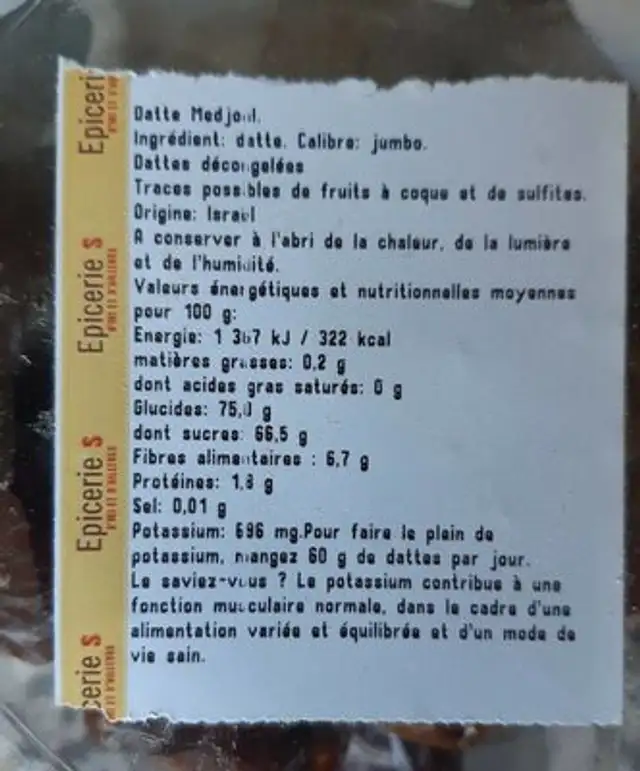 Datte medjoul nutrition facts table