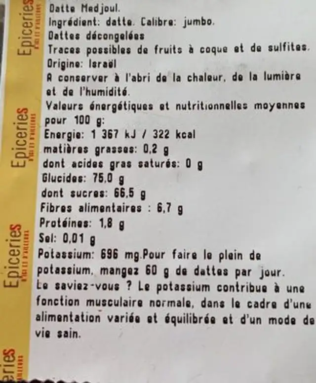Dattes medjoul ingredients label