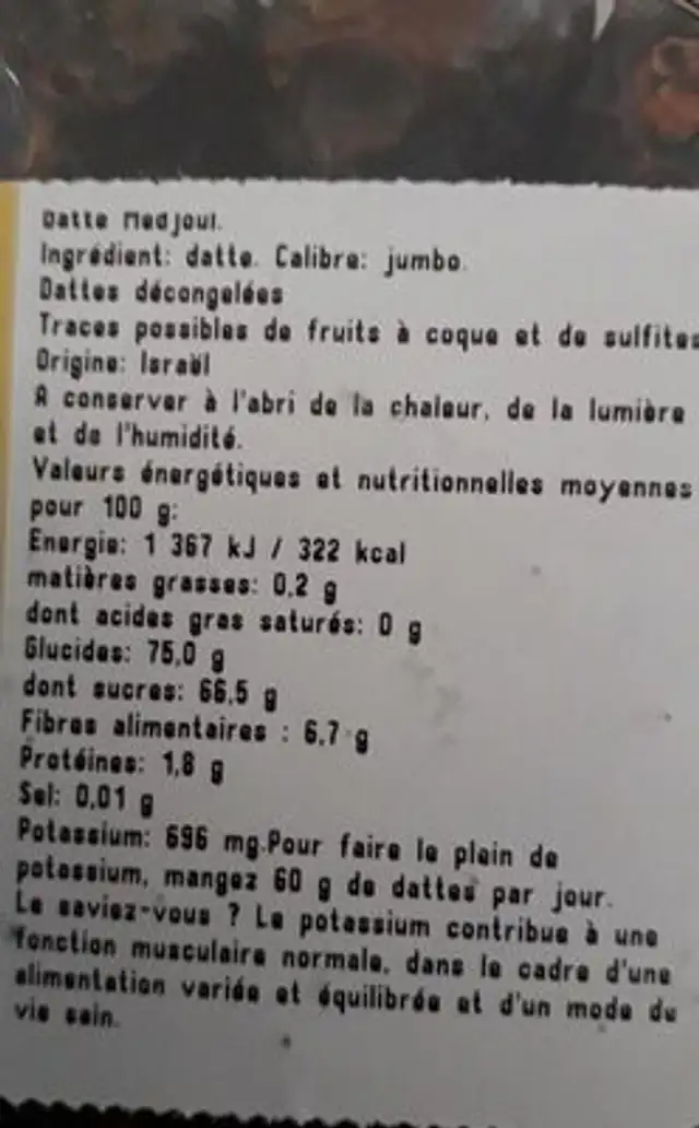 Dattes medjoul nutrition facts table