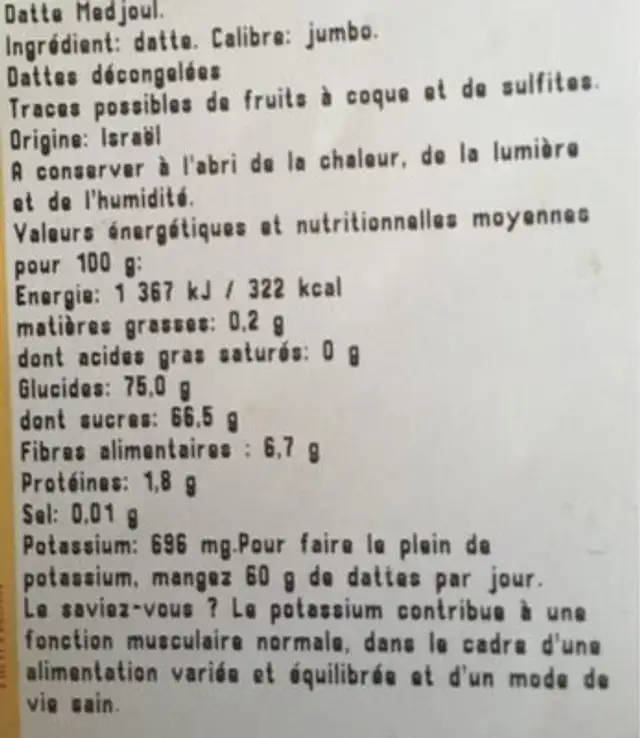 DATTE MEDJOUL ingredients label