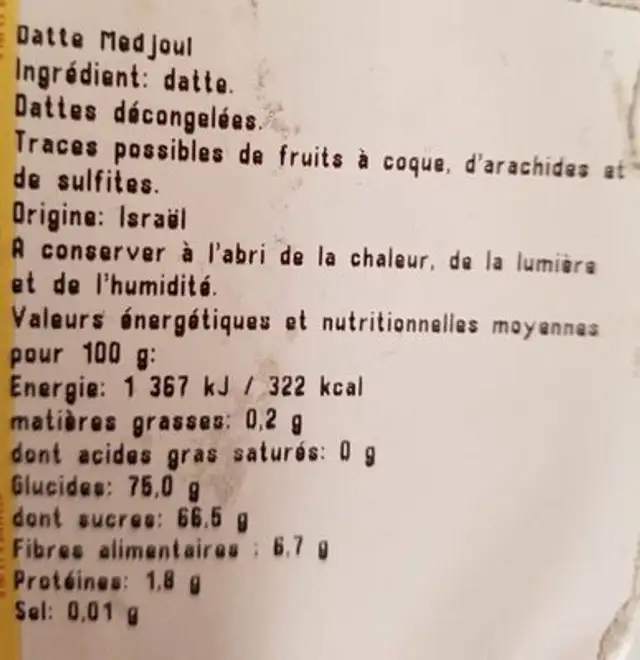 DATTE MEDJOUL nutrition facts table