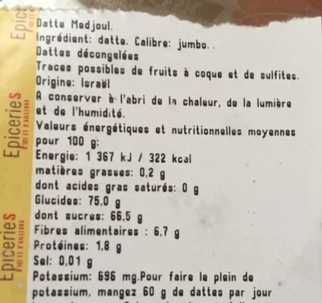 Datte Medjoul ingredients label