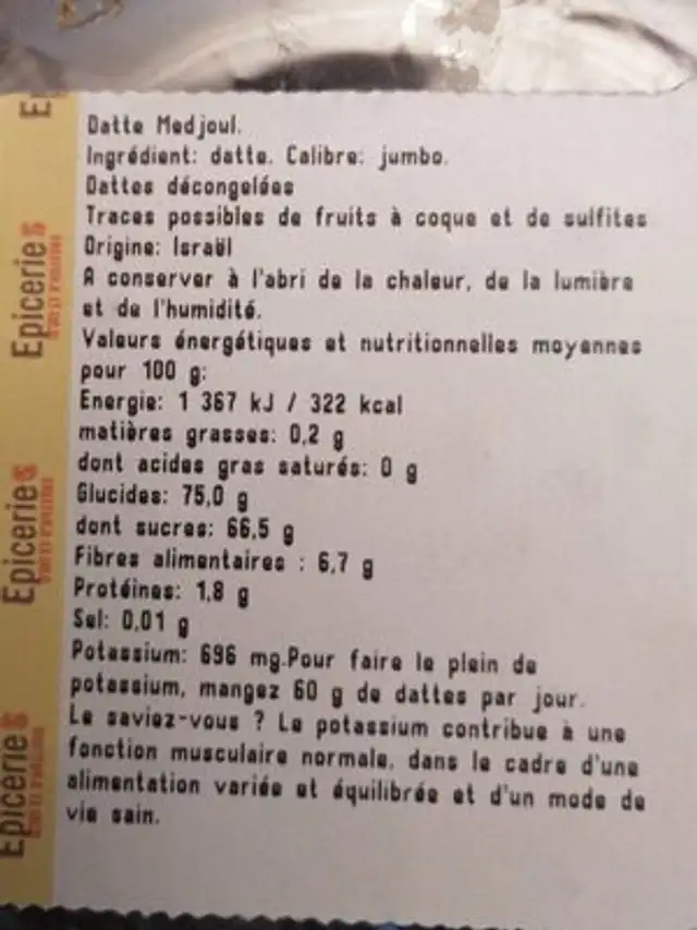 Datte Medjoul nutrition facts table