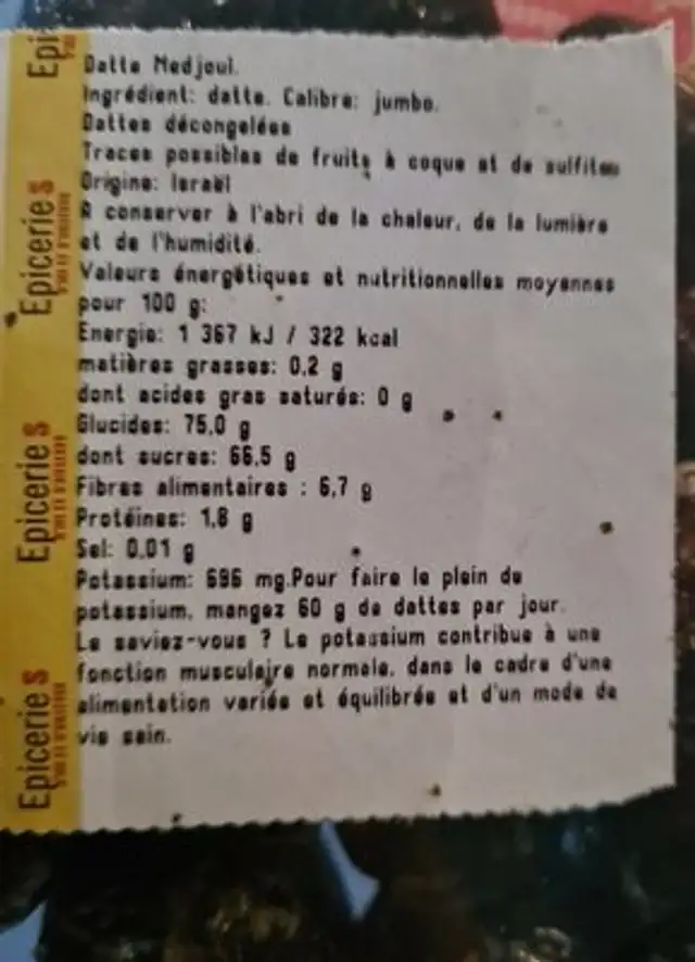 Datte Medjoul nutrition facts table