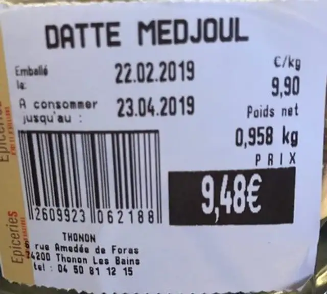 Dattes medjoul ingredients label