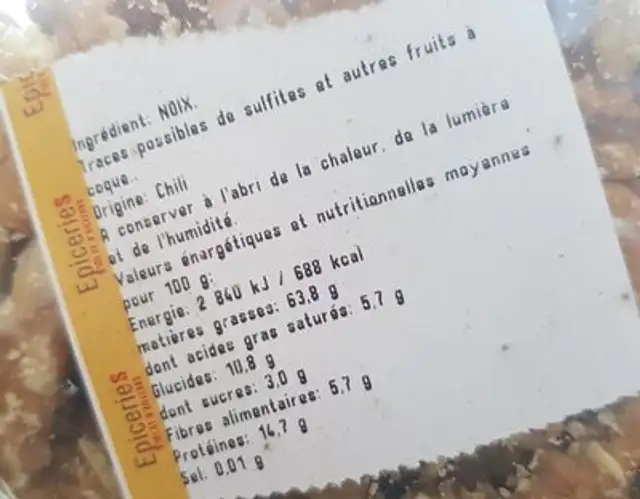 Cerneaux de noix nutrition facts table
