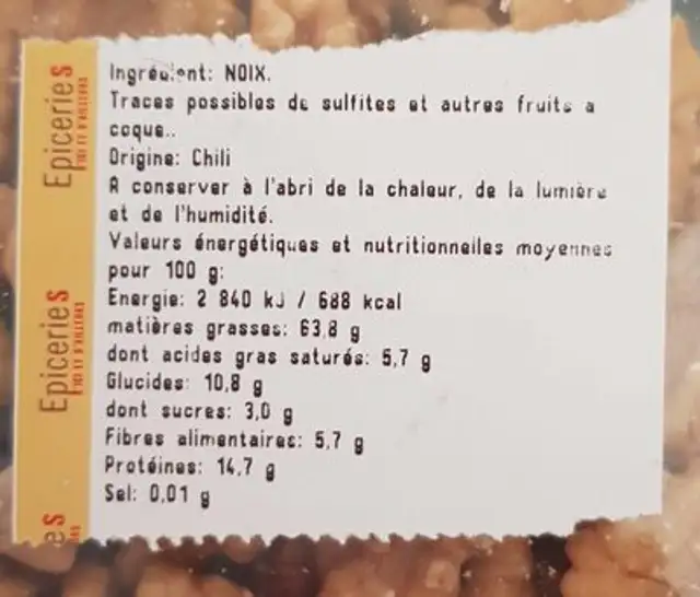 Cerneaux de noix ingredients label