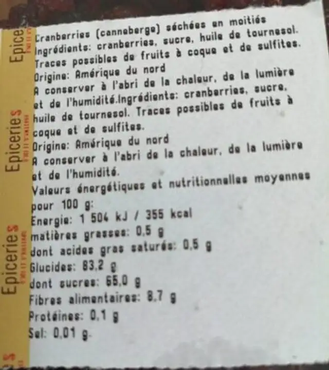Cranberries séchées en moitiés nutrition facts table