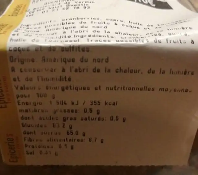 Cranberries séchées nutrition facts table